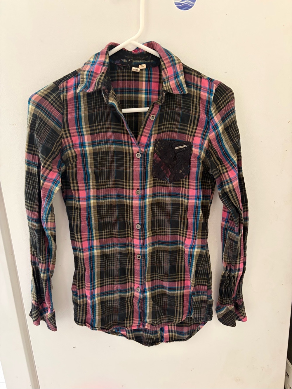Y2K Hang Ten Pink Blue Black Plaid Button-Down Shirt